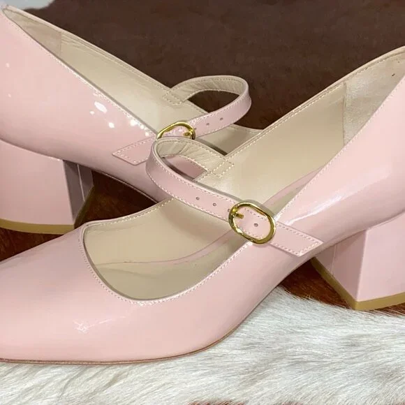 Stuart Weitzman MJ 60 Women's Pink Patent Chunky Pumps Heels Mary Jane - Picture 2 of 9